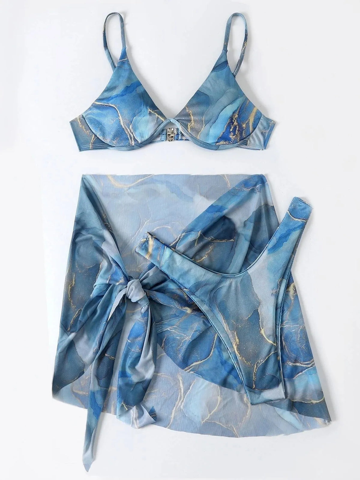 Marble print 3-piece bikini swimwear set with top, bottom, and matching skirt in various colours