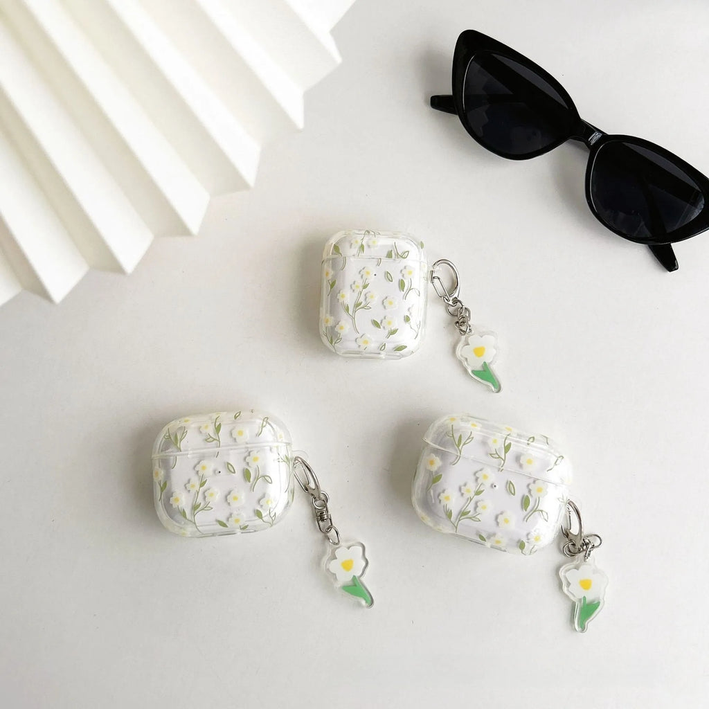 White floral pattern on a transparent TPU protective case for Apple AirPods