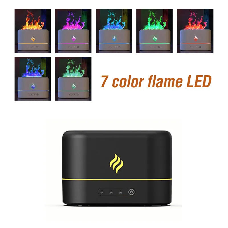 Black or white USB aroma diffuser humidifier with seven-colour flame effect display.