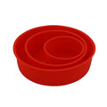 Set of three round red silicone cake moulds in 4-inch, 6-inch, and 8-inch sizes.