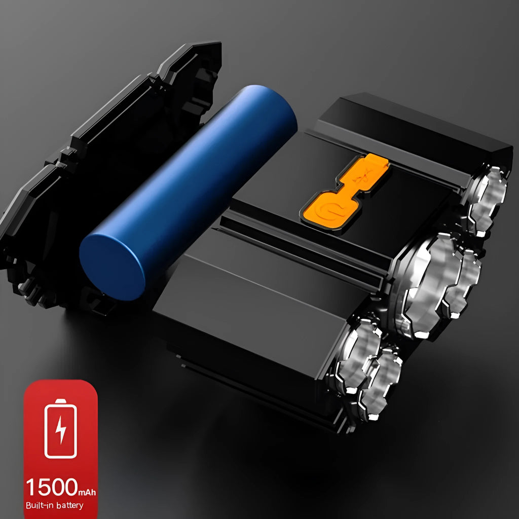 Super bright 10W LED miner's head torch lamp with headband on a colour box with data cable.