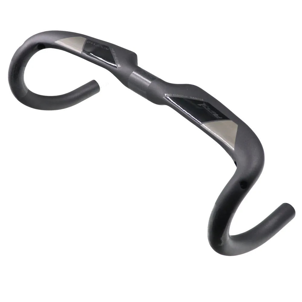 Matt black carbon fibre road bike drop handlebar shown from above.