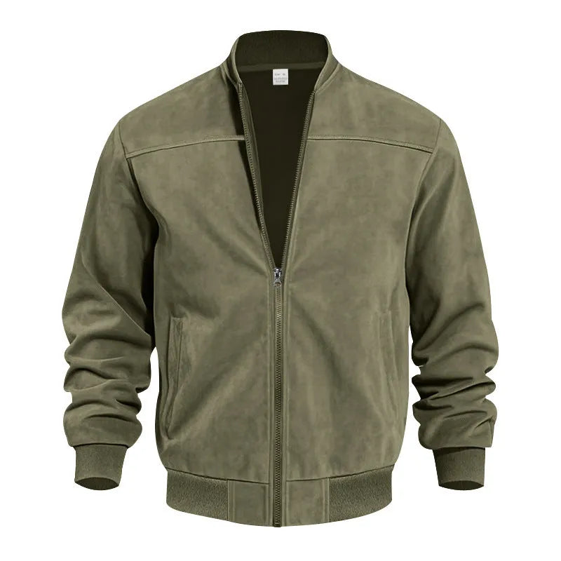 Men's plus size suede casual jacket with a zipper, shown in Army Green colour.