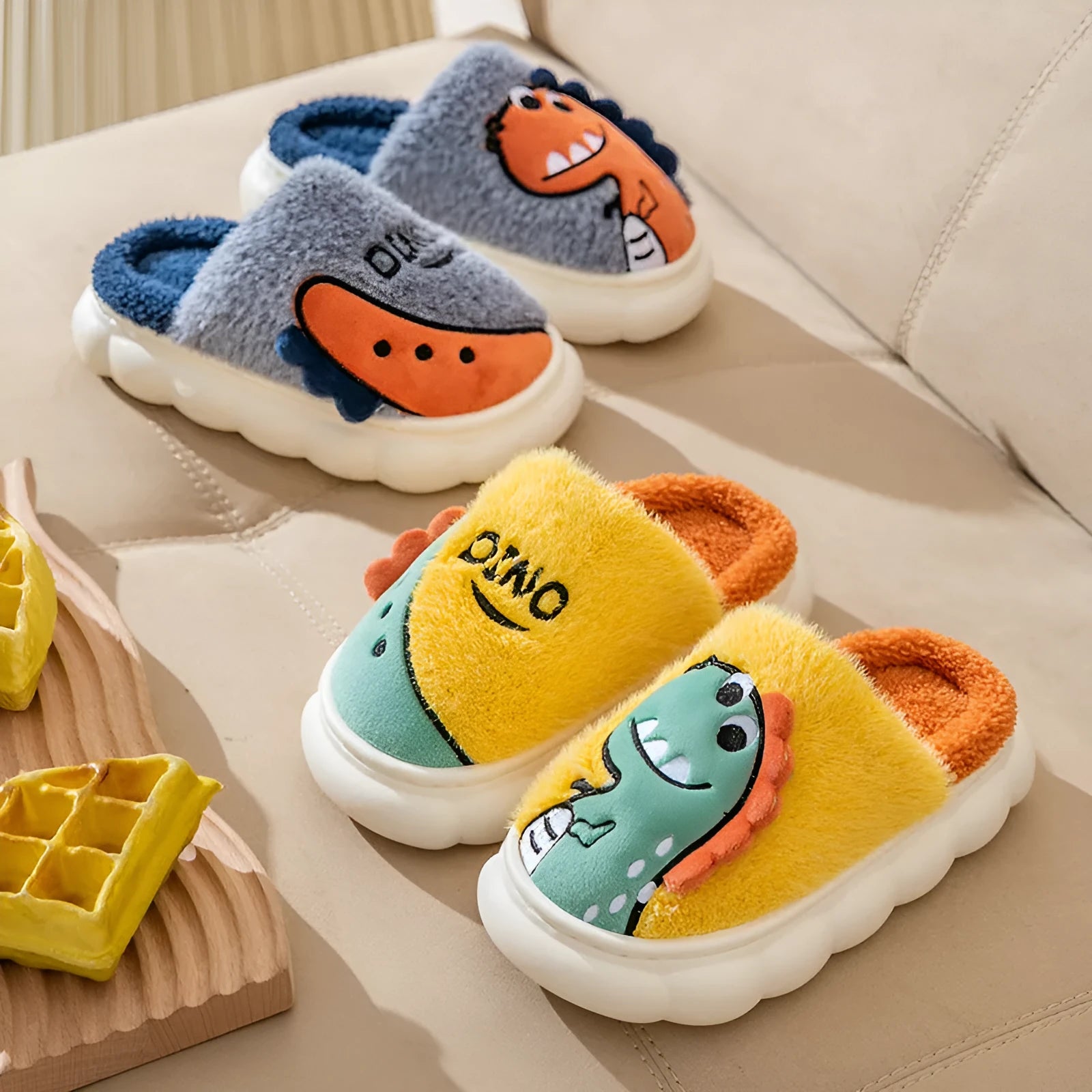 Cotton plush couple slippers with dinosaur designs in coffee, grey or orange yellow colours