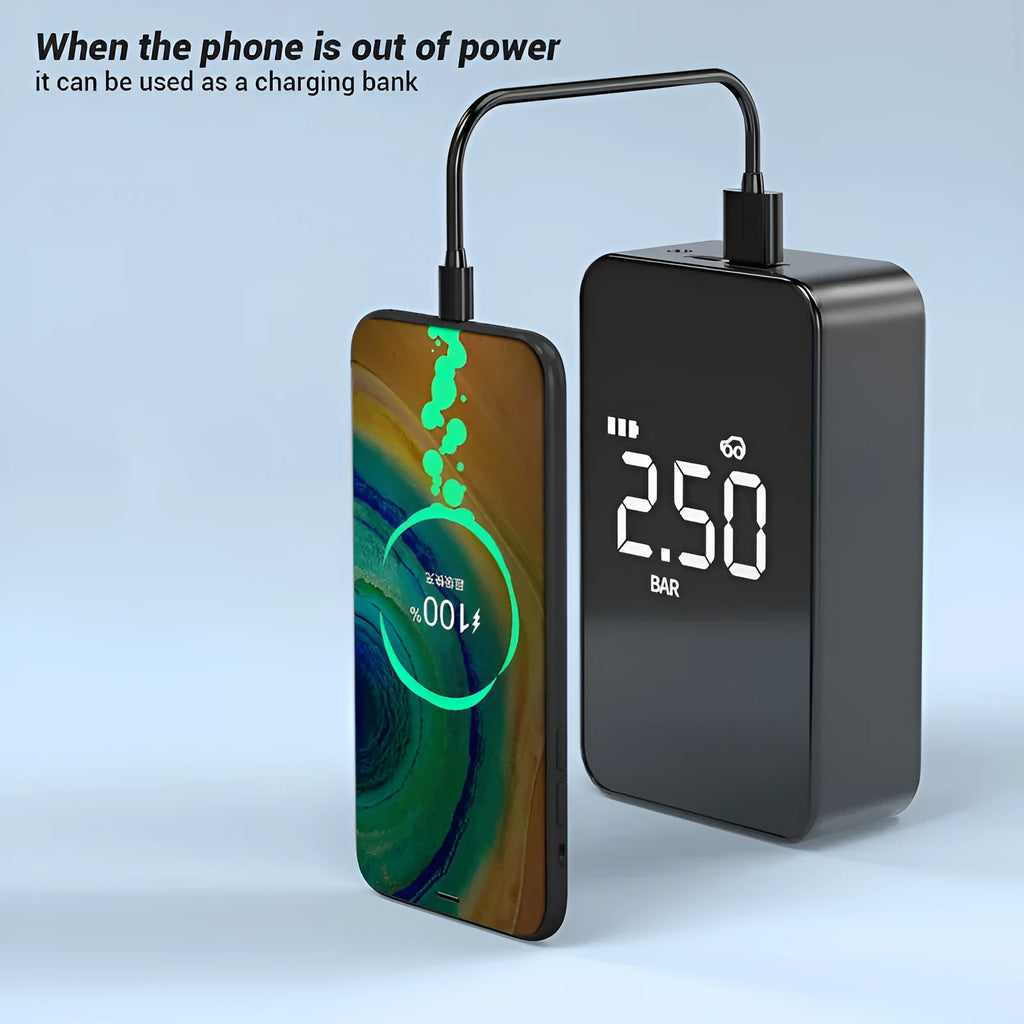 Wireless digital display air pump with compact design and multiple nozzle attachments for tyre inflation