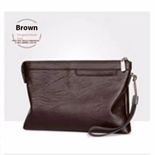 Men's PU leather clutch bag in black with wrist strap, soft carry handle, and zipper compartments