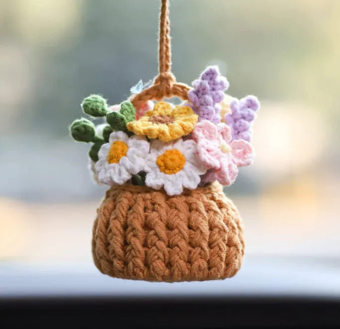 Green and white knitted wool macramé car air plant holder with hanging cord