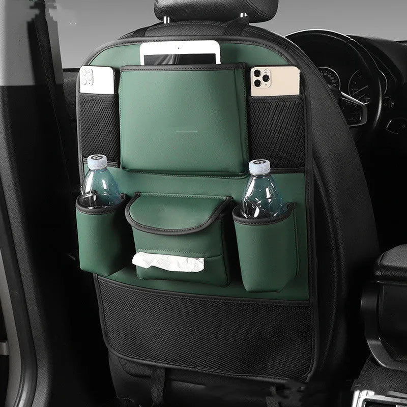 Leather car seat back storage bag mounted behind a car seat in a choice of black, brown, green, or grey.