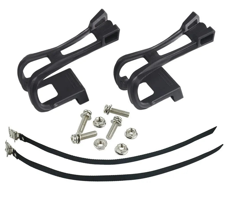 Fitness spinning pedal foot holder rope set with plastic holder, metal lashing, bolts, and flange nuts