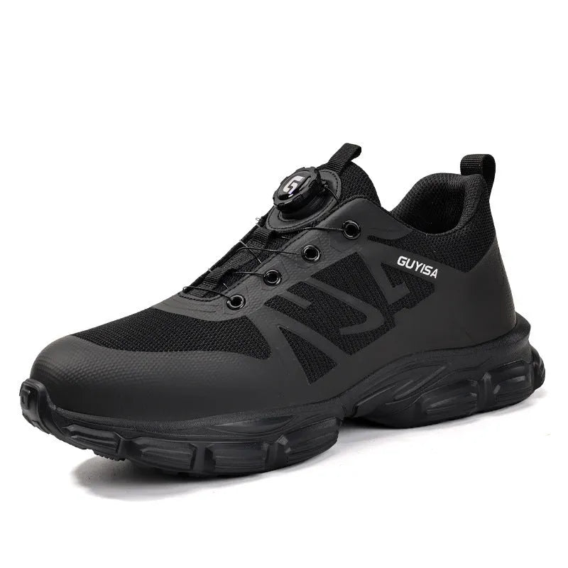 Black lightweight safety work shoes with Flyknit upper, steel toe cap, and TPU sole
