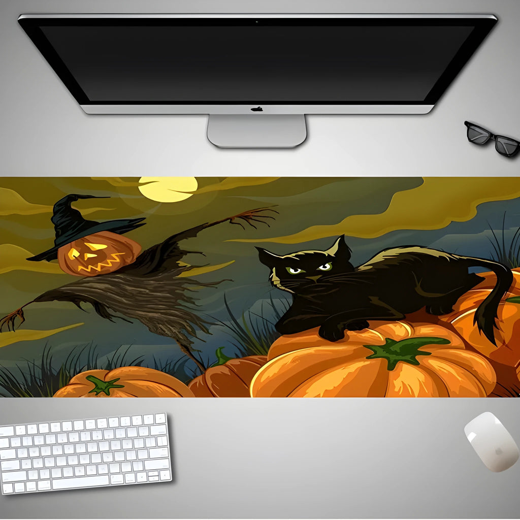 Oversized Halloween-themed gaming mouse pad on a desk, showing non-slip rubber cloth base.