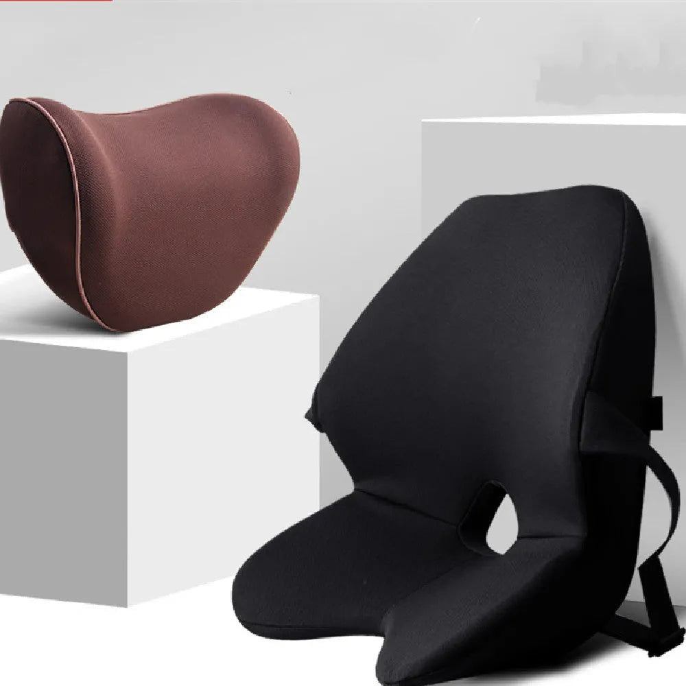 Car waist pad and headrest bundle in beige colour, made with memory cotton and a polyester cover.