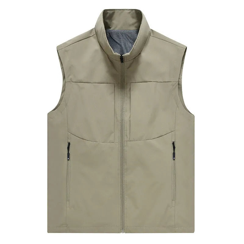 Men's loose-fit outdoor cardigan vest with stand collar and zipper pockets in Army Green colour.