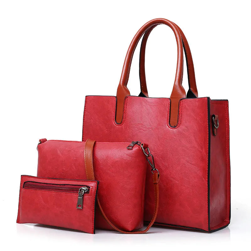 Three-piece women's retro fashion bag set in solid colour PU material with shoulder strap