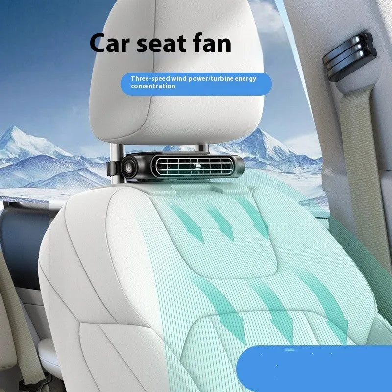 USB plug-in car seat fan showing no-blade design, Velcro strip, and USB cable, in black colour.