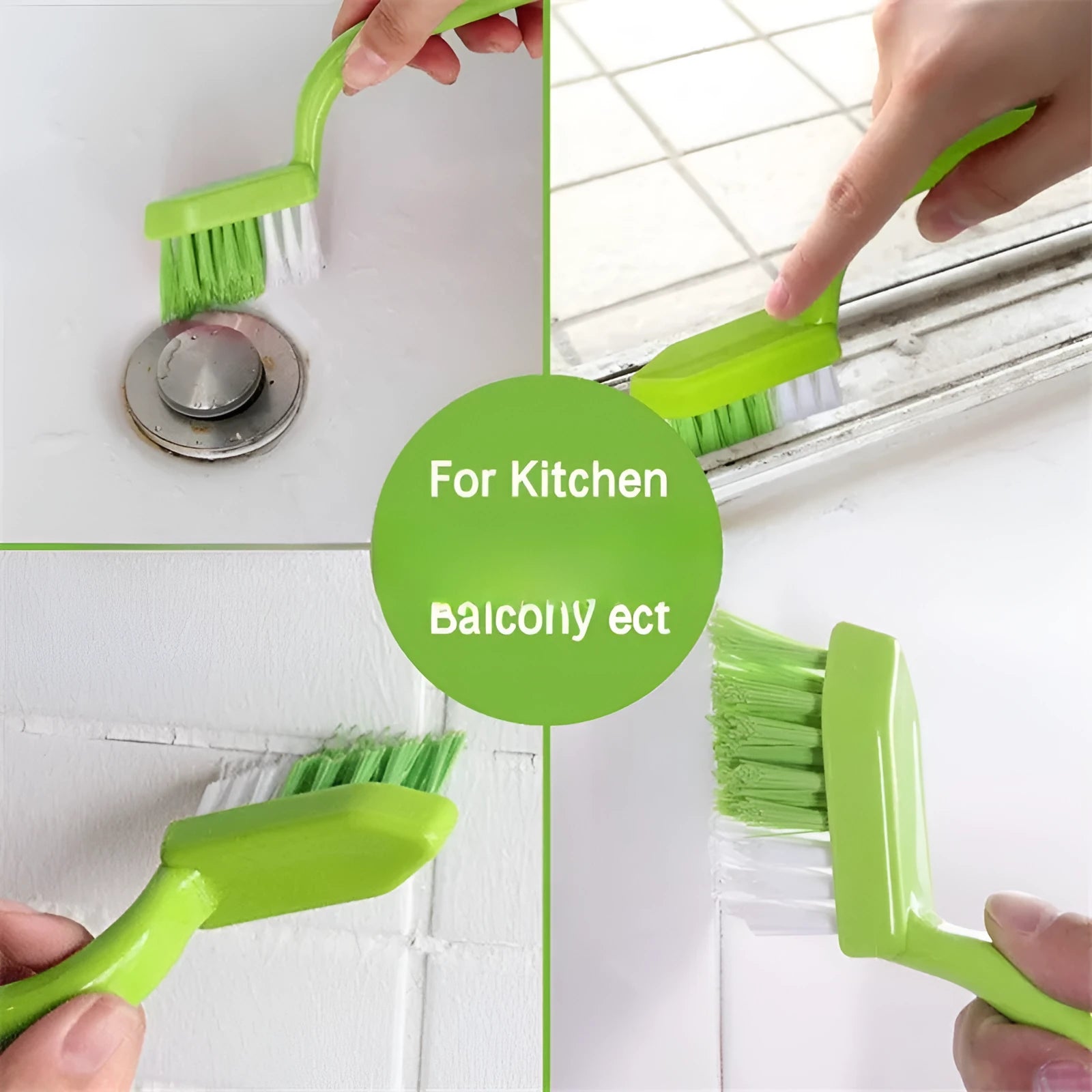 Green plastic floor seam cleaning brush set three pieces on a tiled floor