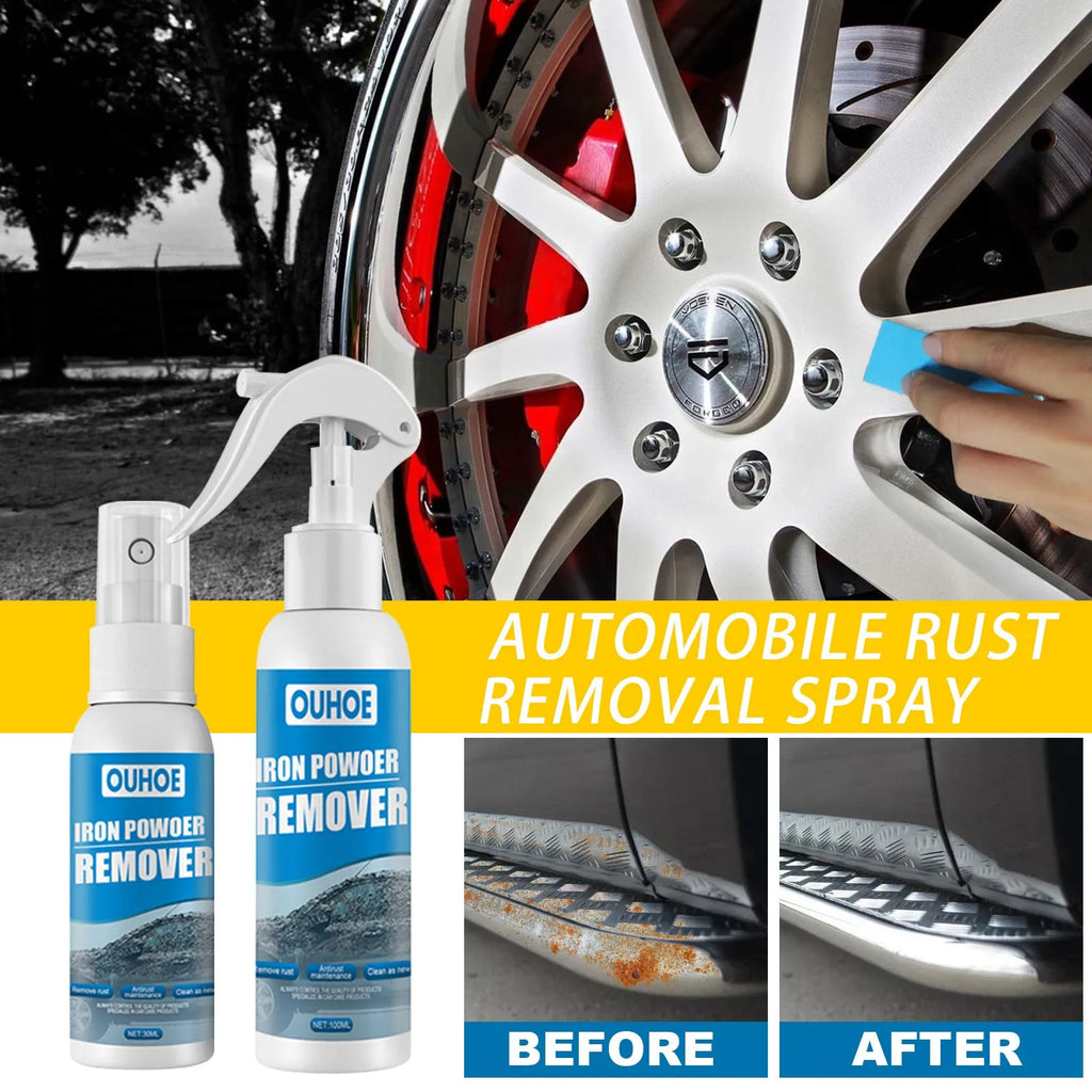 Automotive rust remover spray bottle with iron powder formula for car surfaces