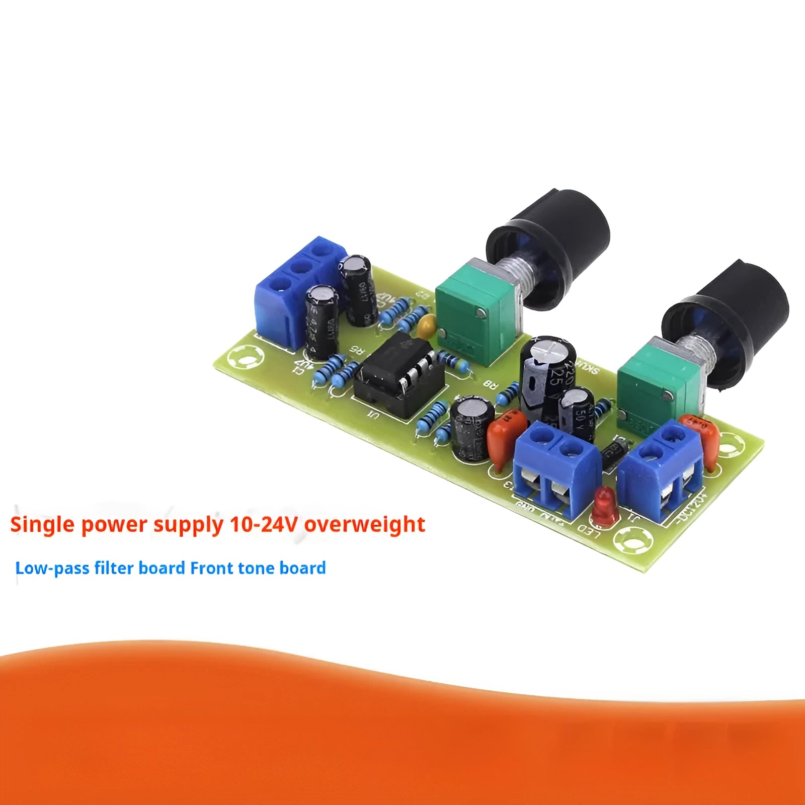 Front stage bass boost board with 78x32mm FR-4 fibreglass PCB and mounting holes