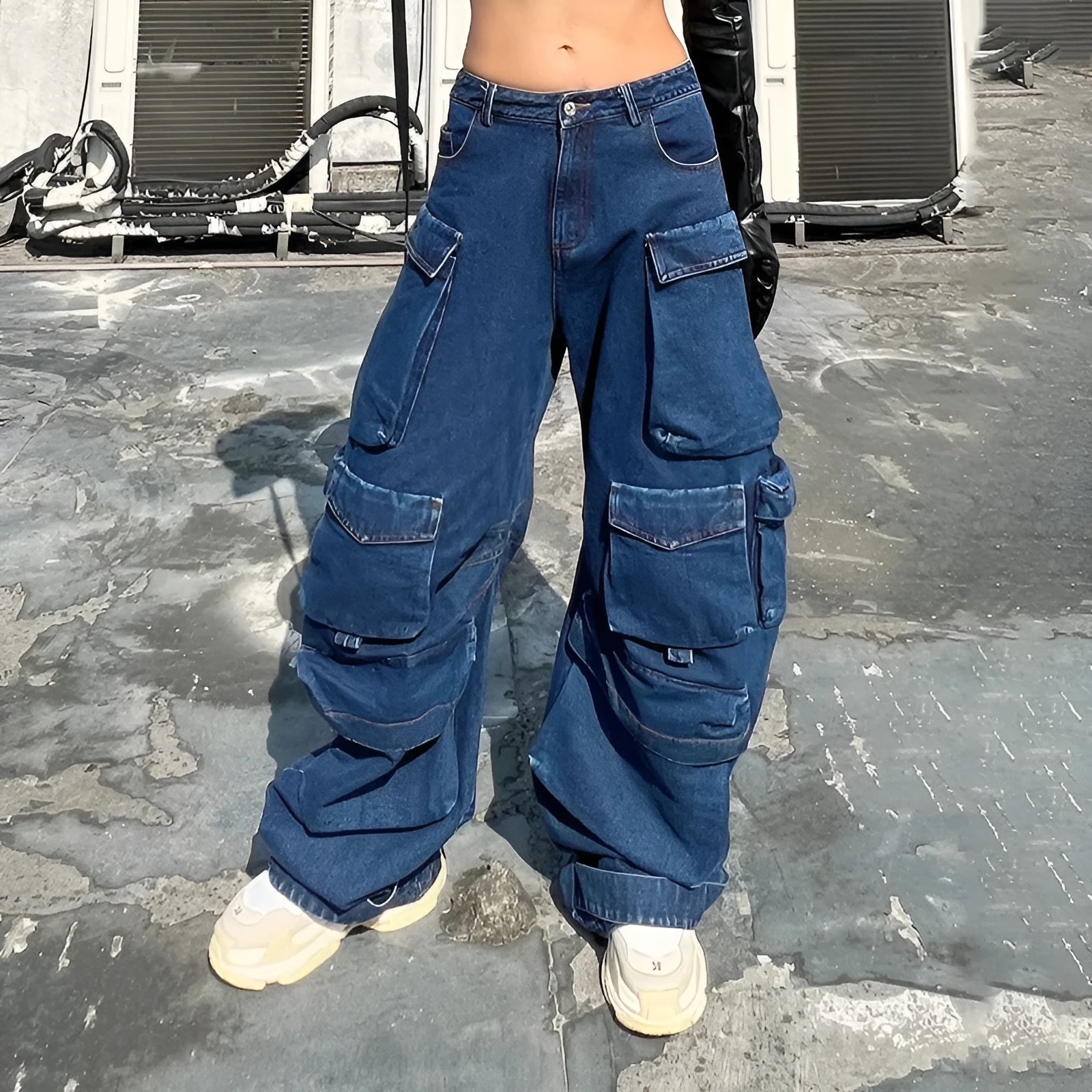 Dark blue distressed wide-leg jeans with high waist and multiple pockets