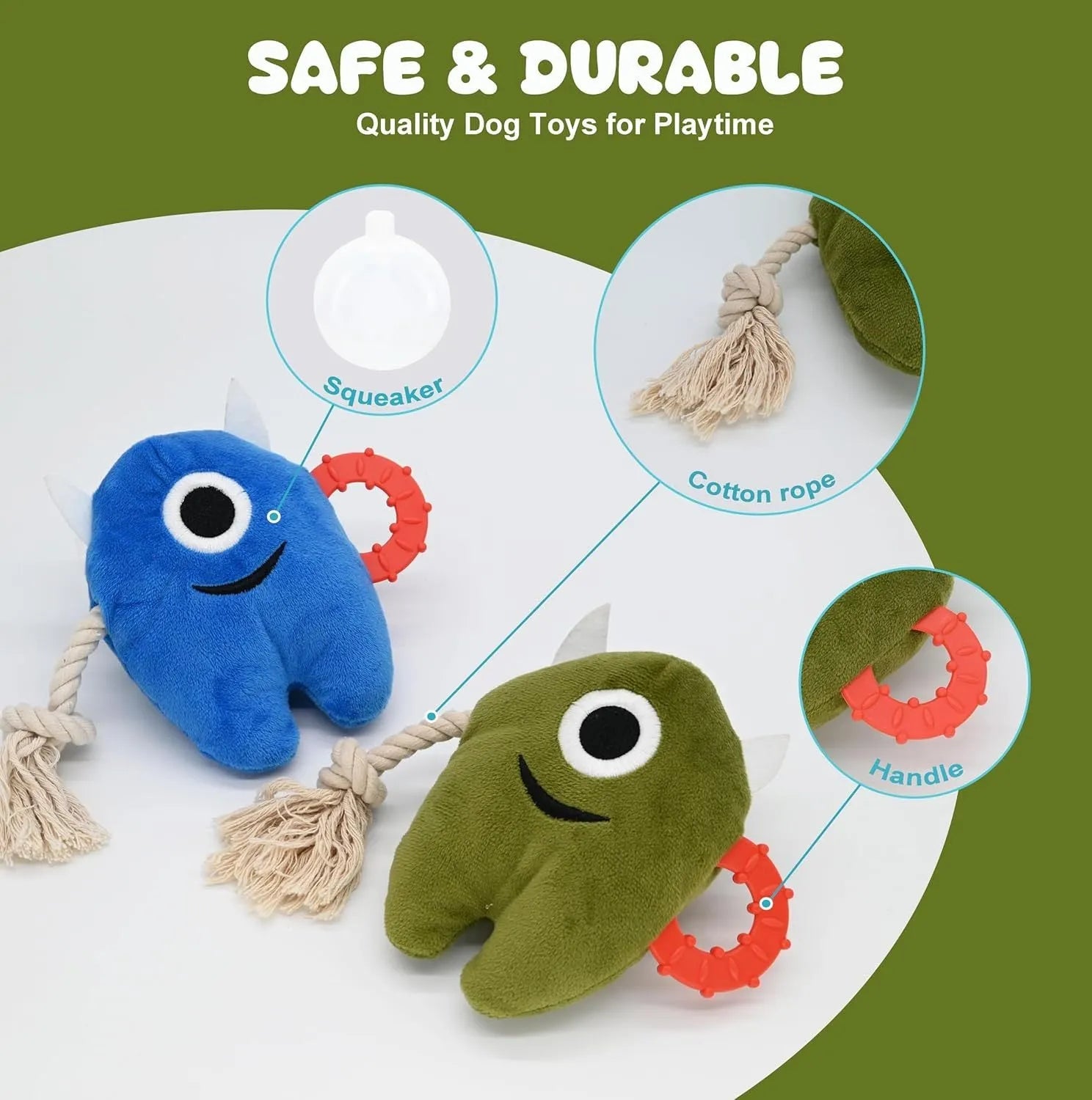 Large blue plush dog toy with cotton rope tug elements and squeaker for aggressive chewers