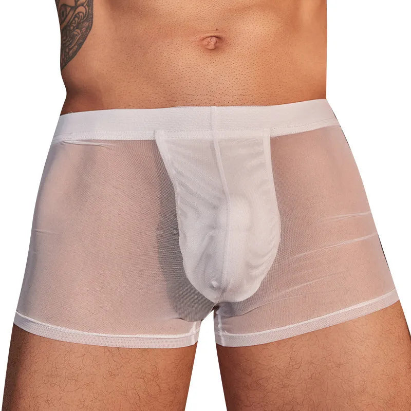 Men's black and white ultra-thin nylon boxer briefs laid flat