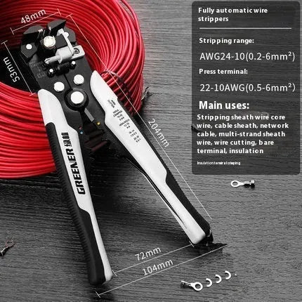 Fully automatic wire stripping pliers tool with high carbon steel blades, mounted in a storage box.