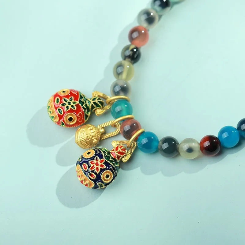 Women's natural agate bracelet with colourful sugar heart glaze and copper coin snake geometric design