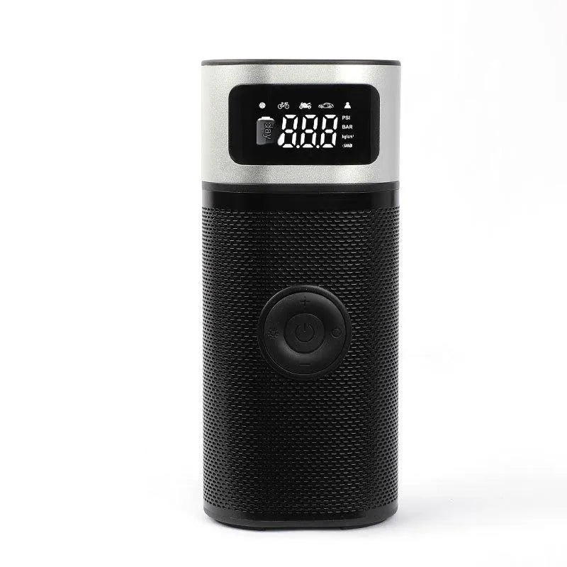 Black portable wireless air pump with 15cm tube and multiple nozzles for vehicle tyres, bicycles and swimming rings