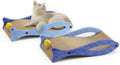 Blue fish-shaped cat scratcher with bell toy on elastic cord, corrugated cardboard construction