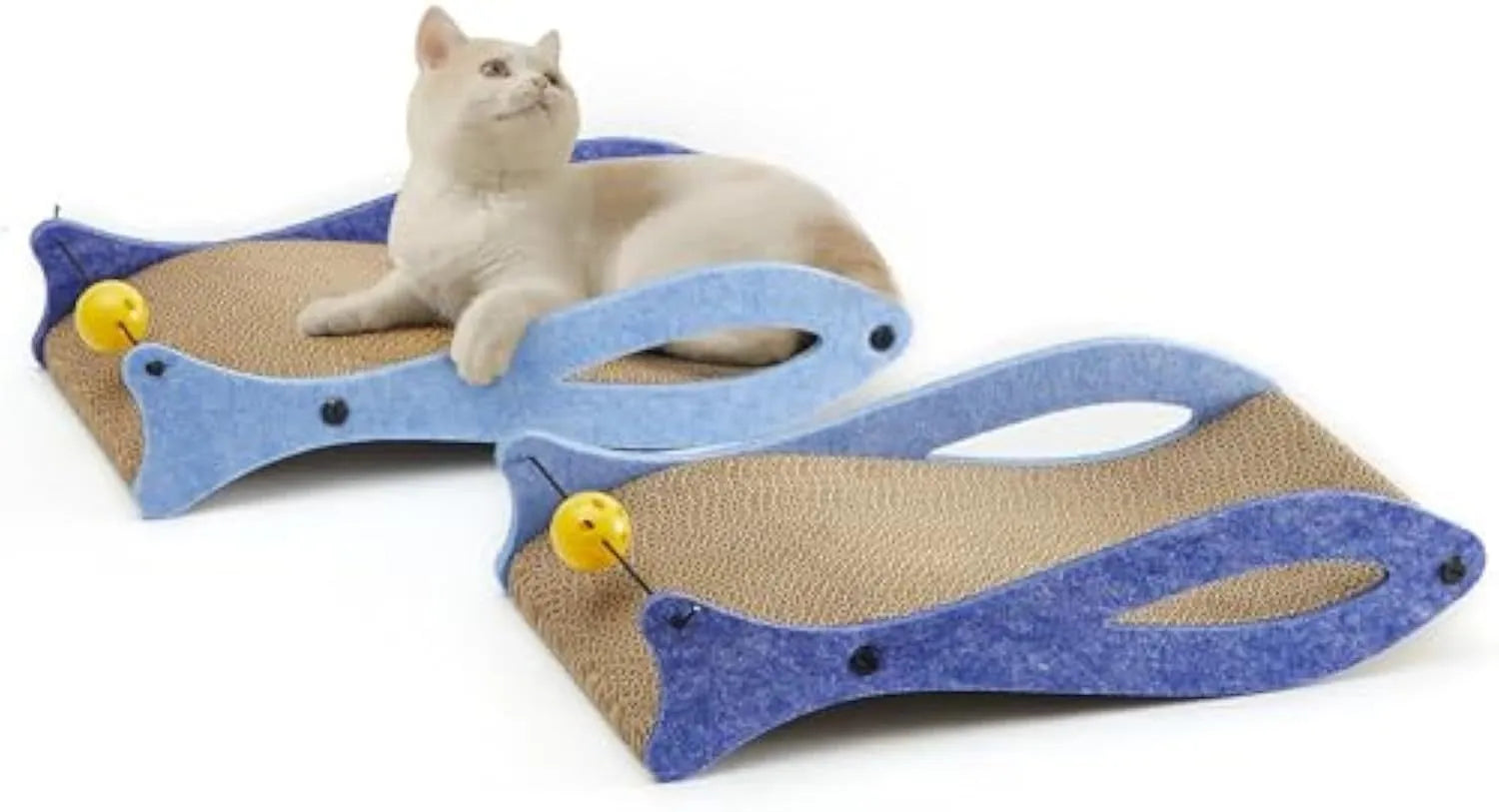 Blue fish-shaped cat scratcher with bell toy on elastic cord, corrugated cardboard construction