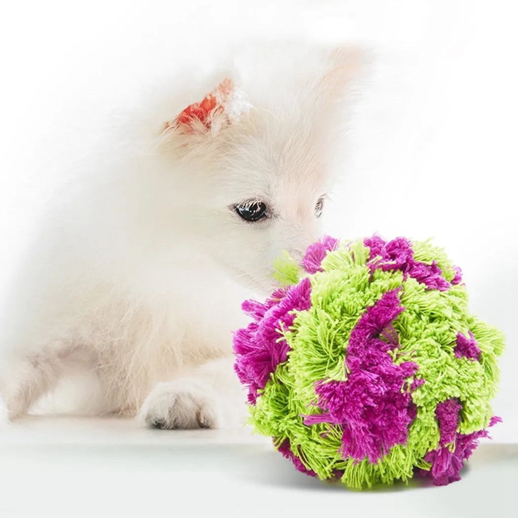 Purple plush dog ball toy with seaweed knots measuring 15cm diameter