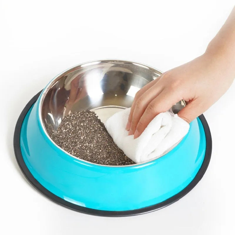 Dual-use stainless steel pet bowl with colourful melamine exterior and non-slip rubber base