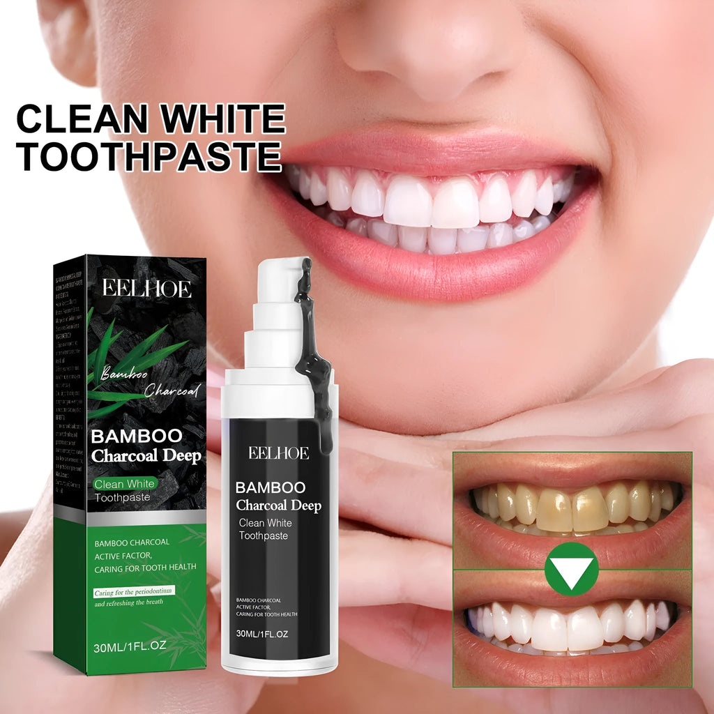 30ml bamboo charcoal bright white toothpaste tube for stain removal measuring 3.2cm square by 12.4cm long