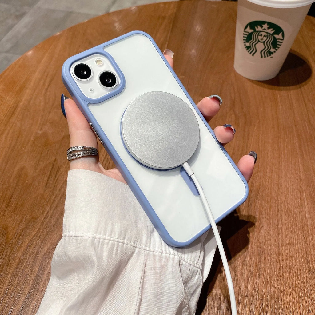 Transparent magnetic iPhone case showing phone through clear acrylic back with MagSafe compatibility