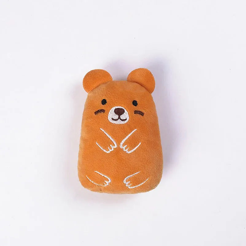 Plush catnip chewing toy for teeth grinding with vocal sounds, shown in assorted colours