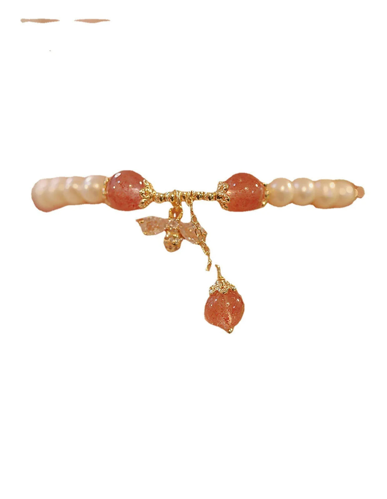 Women's strawberry quartz crystal bracelet with bow detail on wrist