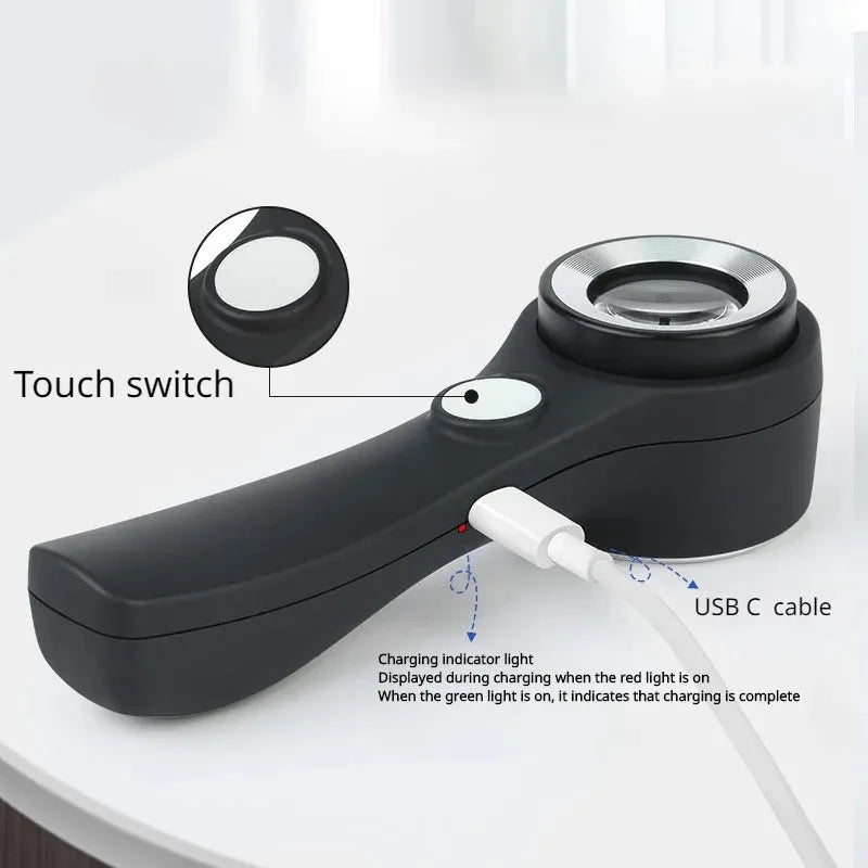 Black and silver USB-C rechargeable magnifying glass for jewellery and collectable appraisal.