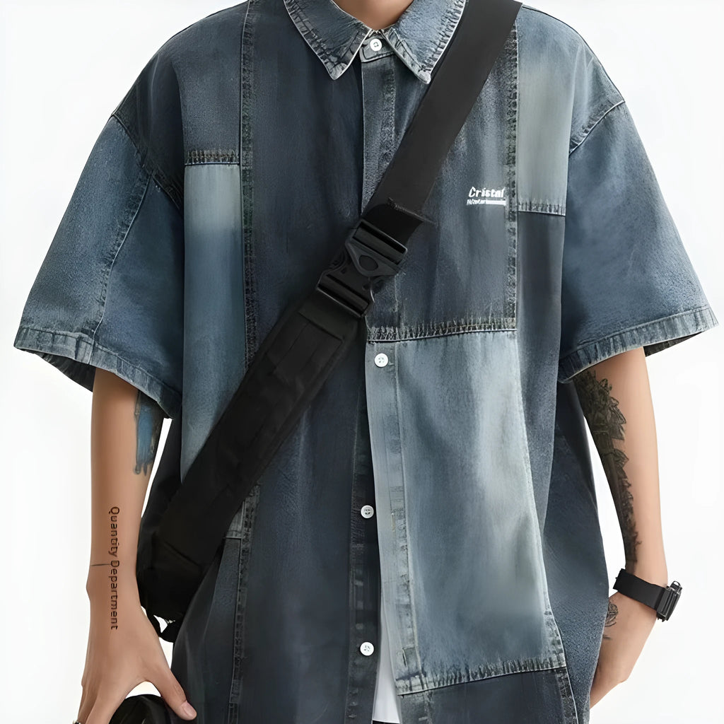 Blue Japanese-inspired retro denim shirt for men with washed stitching and loose cardigan cut