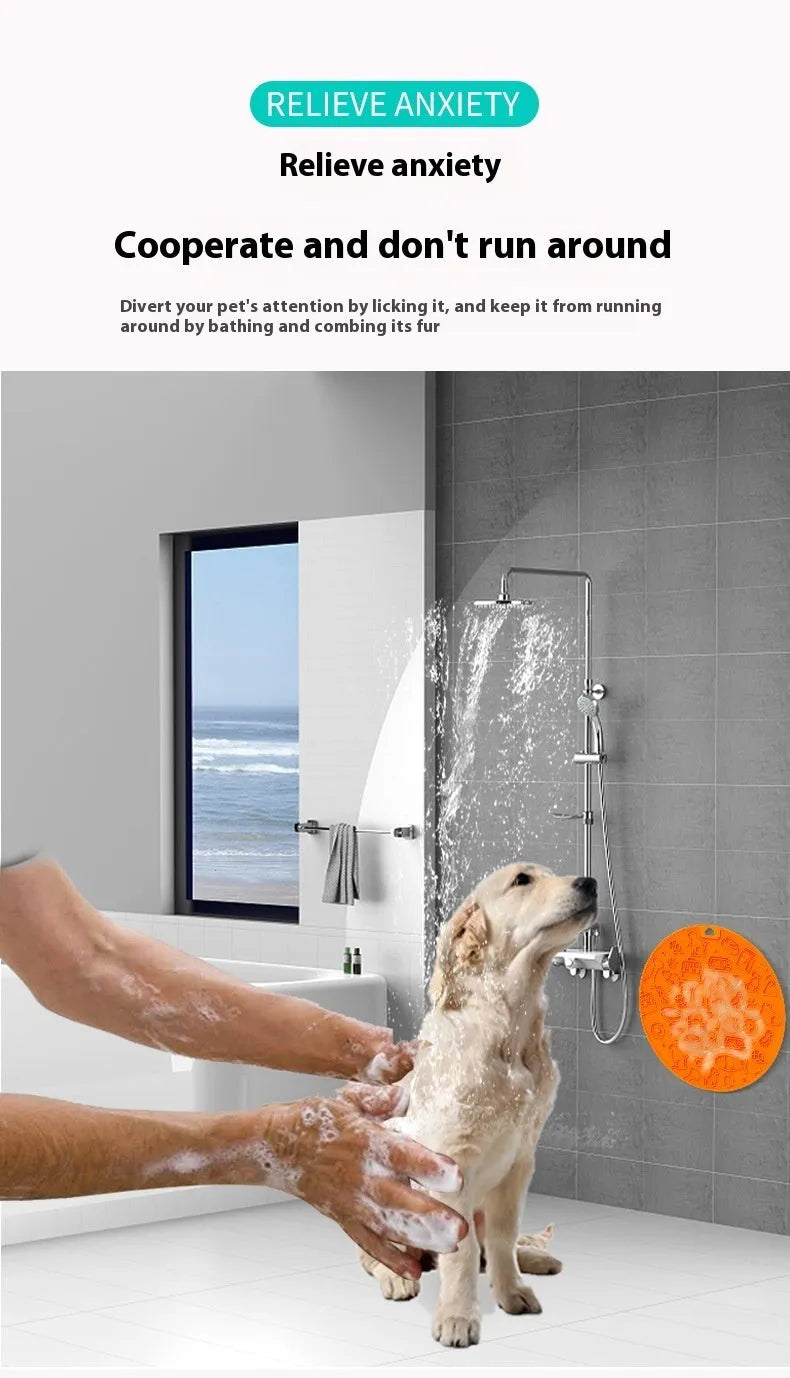 Round silicone pet licking mat with suction cup, shown in blue colour option.