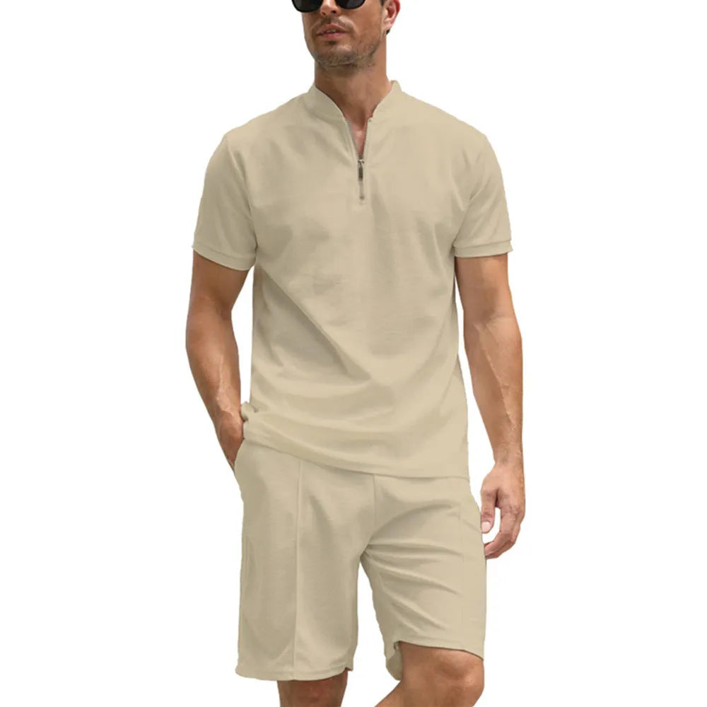 Men's solid colour polo shirt and shorts set in beaded bird's eye polyester fabric