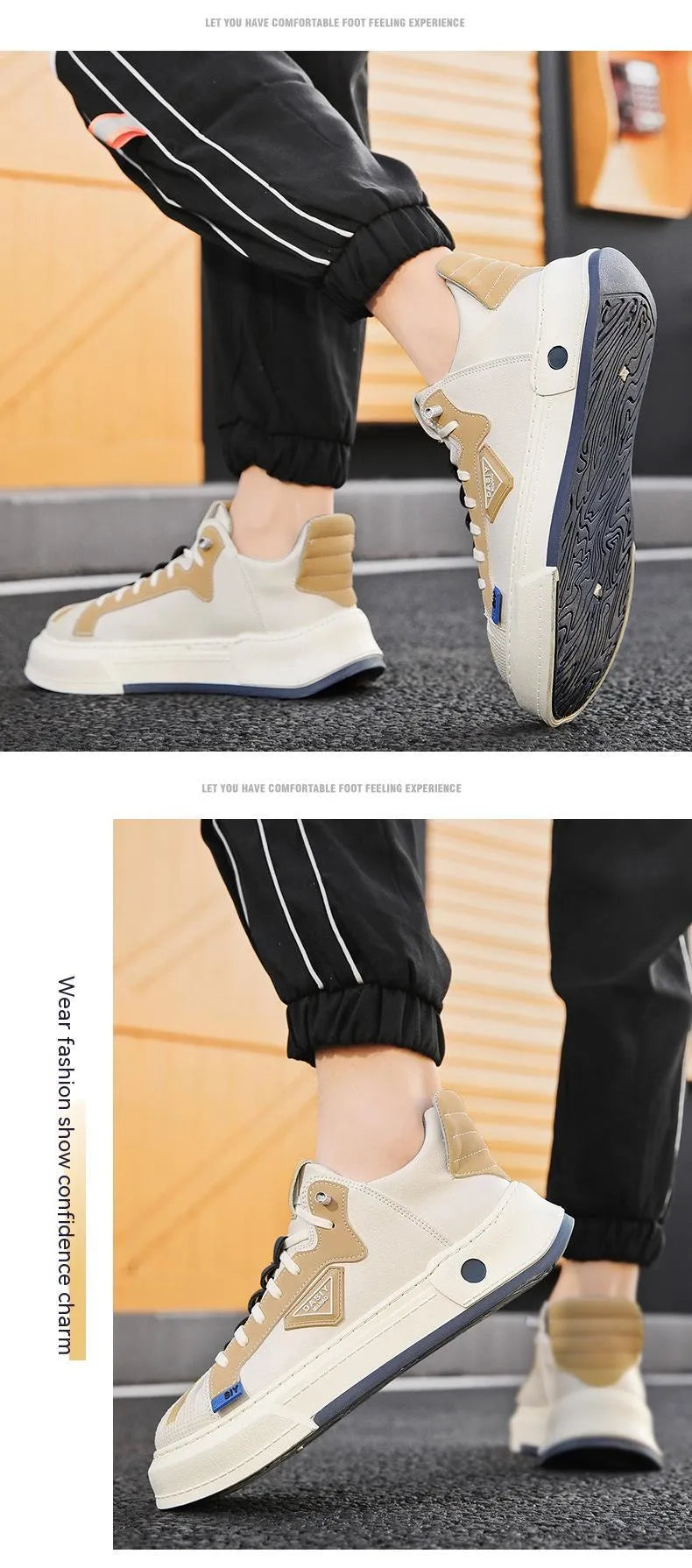 Men's beige low-top sneakers with elastic band fastening and round toe