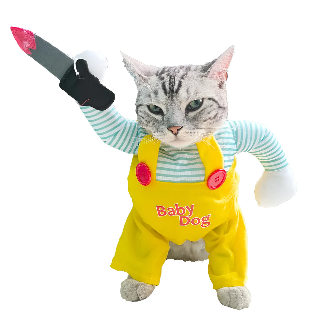 Yellow knife assassin themed polyester costume clothing for a cat.
