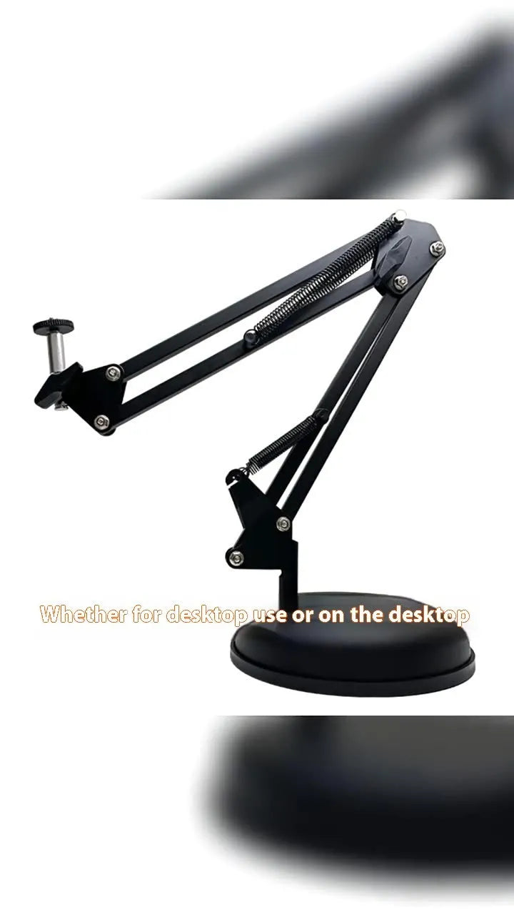 Black foldable metal desktop cantilever bracket holding a tablet at an angle.