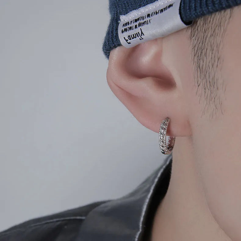 Silver geometric copper earrings for men in West Coast hip hop style, showing 10mm and 14mm size options.