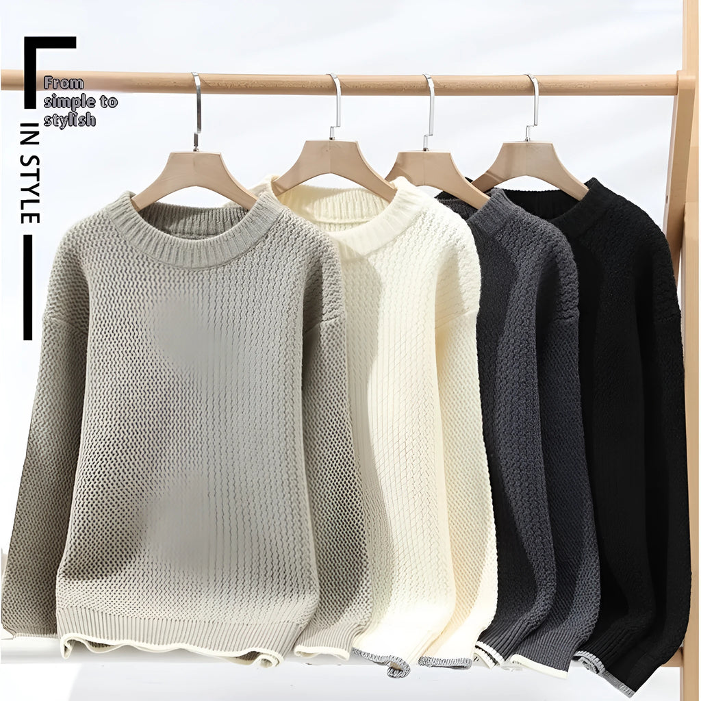 Men's loose fit round neck pullover sweater in polyester blend fabric for autumn casual wear