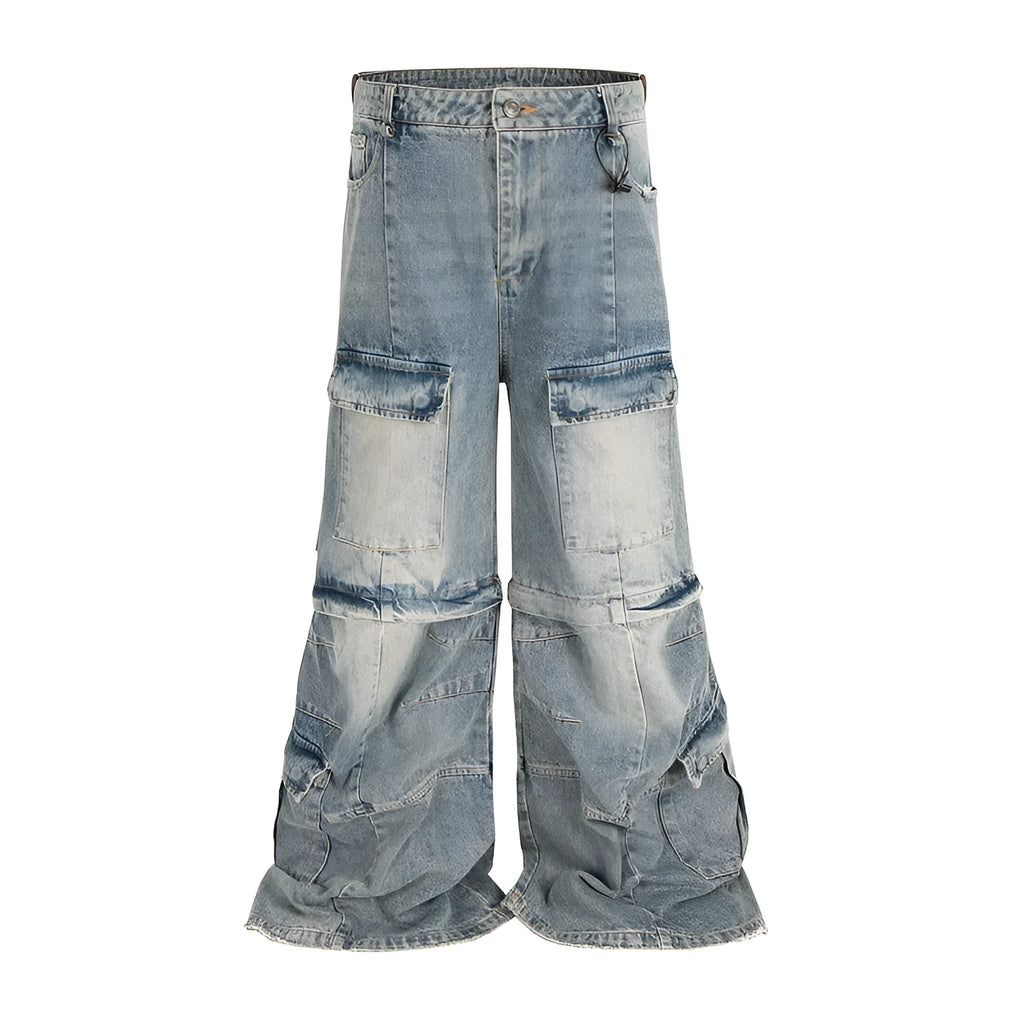 Black washed-out cotton detachable overalls with multiple pockets on a hanger.