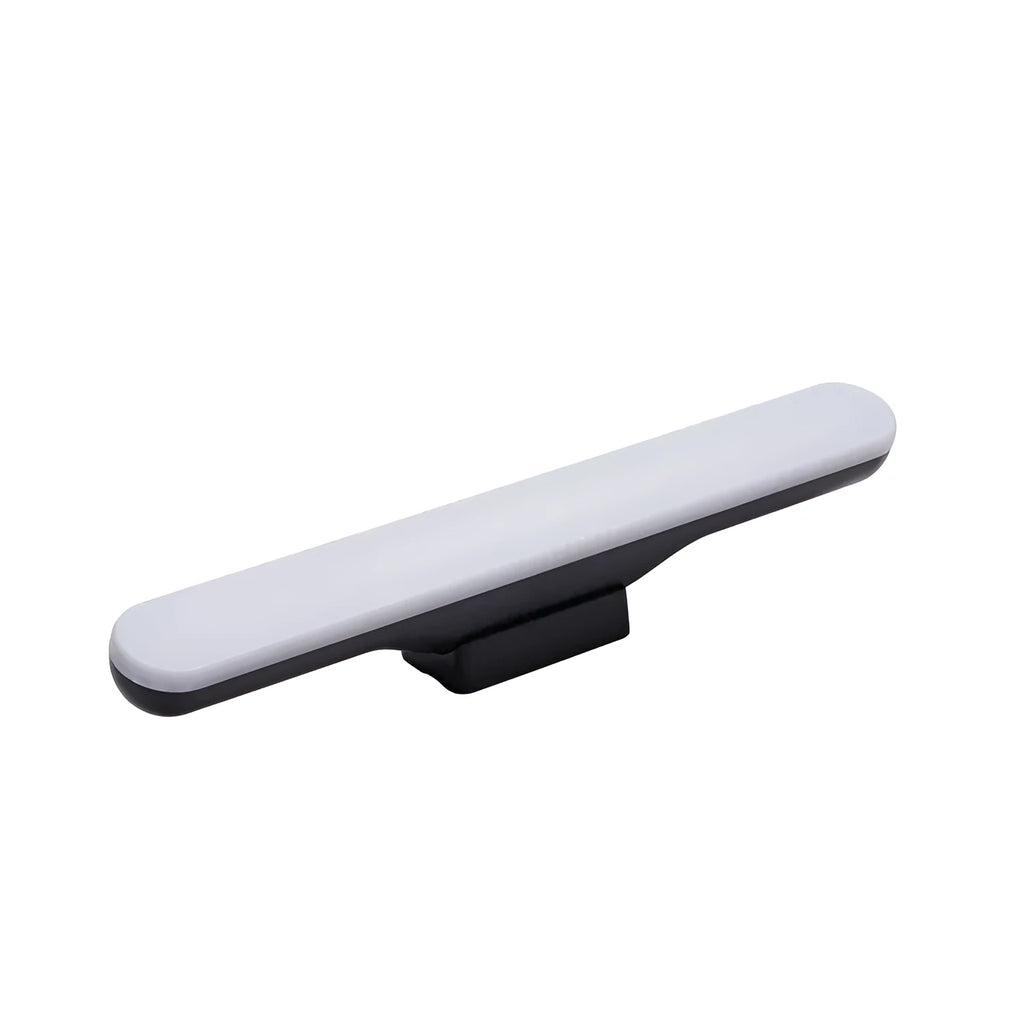 Modern white LED desk lamp with touch controls and flexible gooseneck design on wooden desk