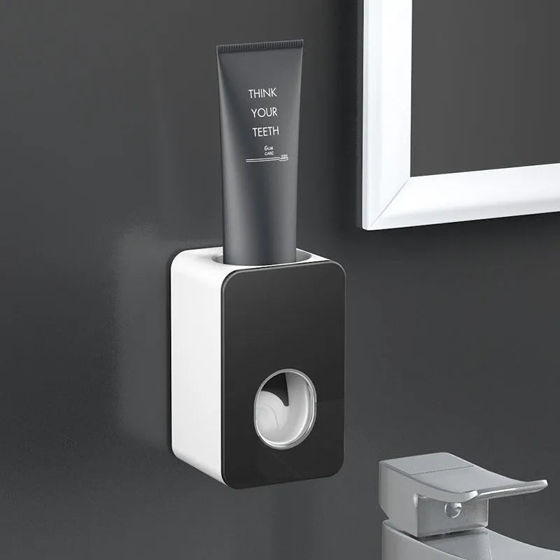 Wall-mounted automatic toothpaste dispenser with punch-free fixing, shown in black, grey, pink, green and white options