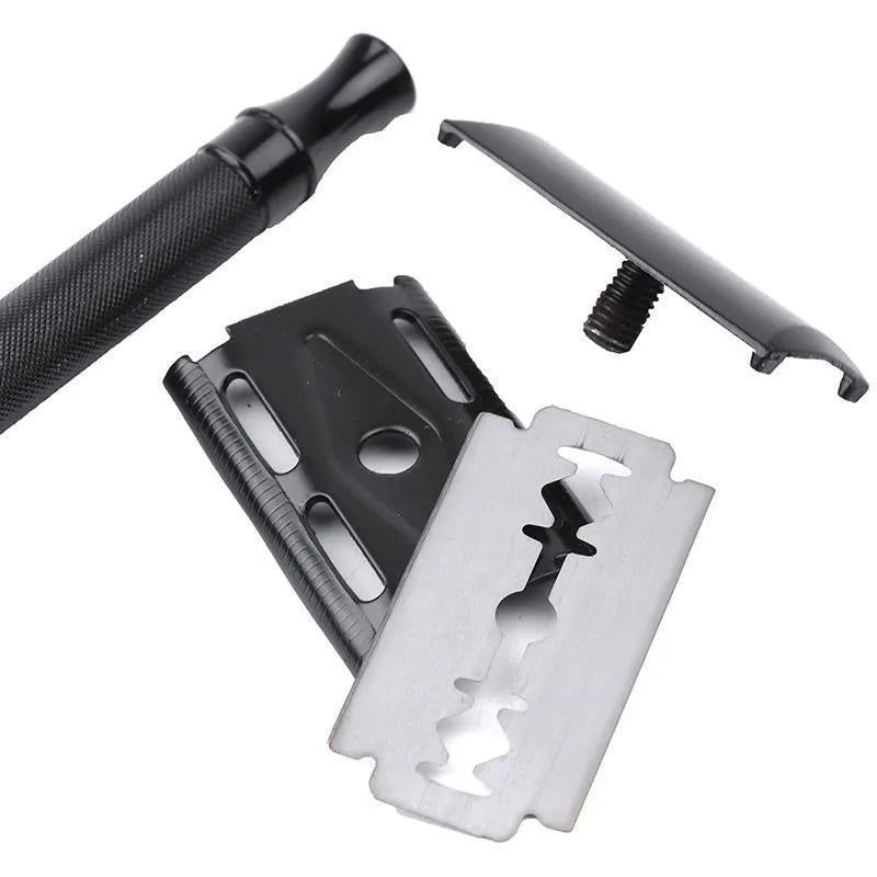 Traditional manual shaving metal scraper and brush set in black or silver for wet shaving