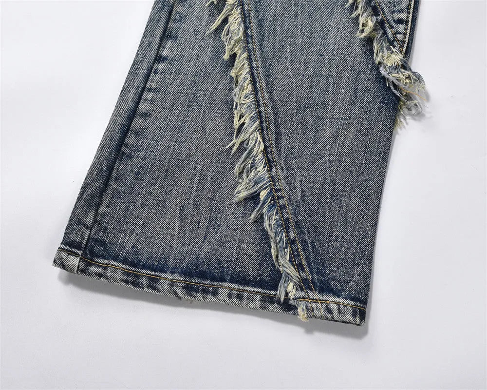 Blue cotton denim loose straight trousers for men, casual punk style, sizes S to XXL
